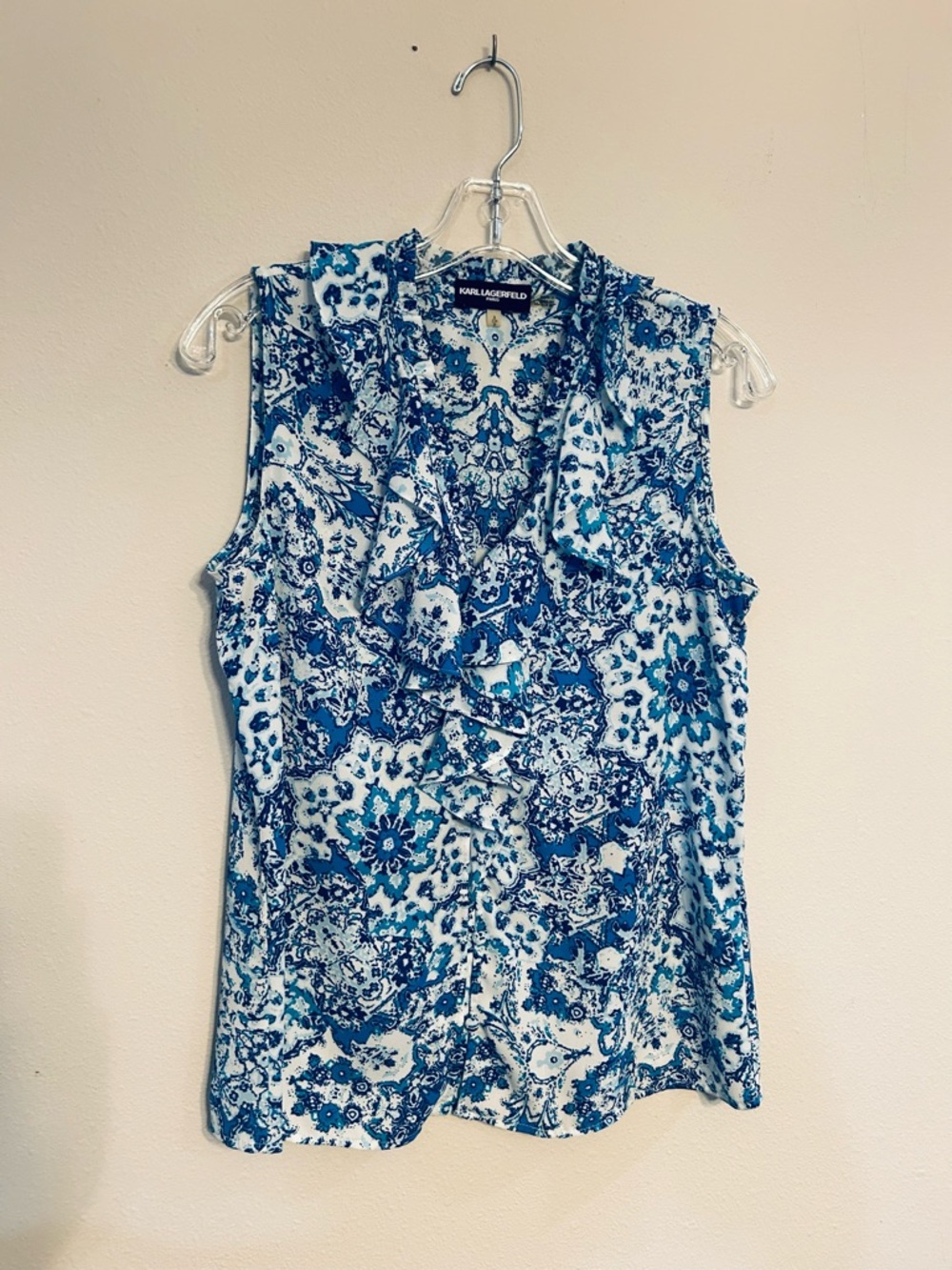 Karl Lagerfeld Blue and White Floral Ruffle V-Neck Sleeveless Top